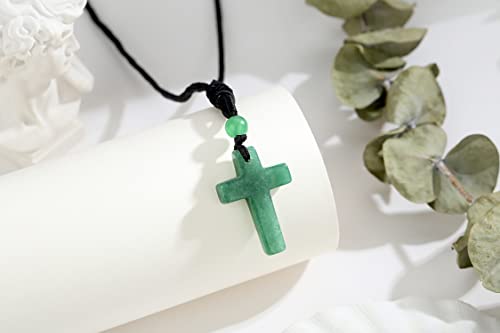 QINJIEJIE Cross Crystal Necklace Adjustable Black Rope Natural Gemstone Quartz Stone Necklaces for Men Women Father's Day Gift - color: Green - aventurine