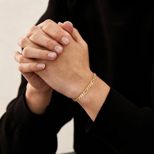 LUCA SMITH Gold Bracelets for Men & Women, 14K Gold Figaro Link Chain Bracelets 6mm Diamond-Cut Figaro Chain Bracelet for Men Hypoallergenic Trendy Dainty Jewelry Gifts Size 7.5in/8in/8.5in - size: 8in