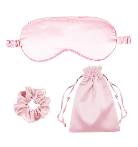 3Pcs Satin Eye Mask Silk Sleep Masks Set Silky Blindfold Eyeshade Blackout Eyes Cover Pouches Bag Scrunchy Wedding Gift-Color: Pale Pink - color: Pale Pink