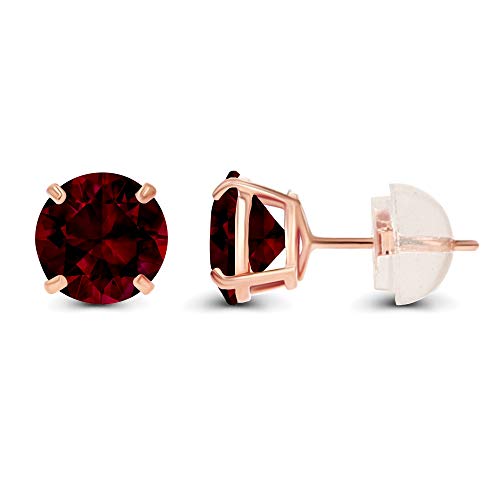 Solid 14K Yellow or White or Rose Gold 6mm Round Genuine Birthstone Gemstone Prong Set Stud Earrings For Women - color: Garnet