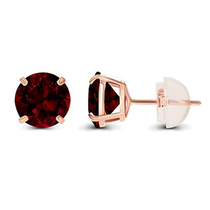 Solid 14K Yellow or White or Rose Gold 6mm Round Genuine Birthstone Gemstone Prong Set Stud Earrings For Women - color: Garnet