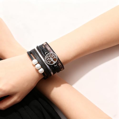 Leather Wrap Bracelets for Women, Boho Leopard Multi-Layer Crystal Beads Cuff Jewelry - color: J-Warp-002