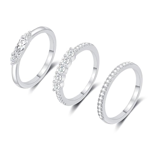 FUNEIA Stackable Silver Gold Rings for Women Non Tarnish 14K Gold Plated Thumb Cubic Zirconia Rings for Women Dainty Pinky Promise Wedding Ring Set Women's Engagement Eternity Band Rings Gold Jewelry - color: D-Silver Cubic Zirconia Rings