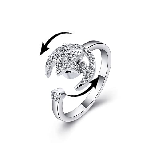 COLORFUL BLING Fidget Sunflower Evil Eye Daisy Spinner Stackable Rings Bee Butterfly Adjustable Open Rotatable CZ Cubic Zirconia Anti Stress for Women Wedding Jewelry - style: Silver Moon
