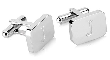 18K White-Gold Plated Initial Engraved Stainless Steel Men’s Cufflinks With Gift Box -Personalized Alphabet Letter’s A-Z By Lux & Pair - style: J- White Gold