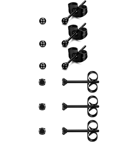 6Pairs 2mm/3mm Surgical Steel Hypoallergenic Piercing Studs, 20G 14K Real Gold Filled Tiny Stud Earrings Set for Multiple Hole Piercing (Cubic Zirconia, Pearl, Ball) - style: N : 2MM Black Ball & CZ, 6 Piars