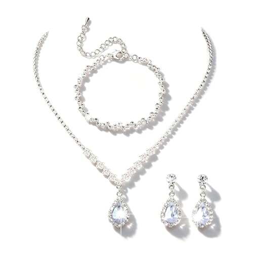 Women's Fashion Jewelry Rhinestone Zircon Necklace and Earring Set Formal Ball Gown Accessories Silver Floral Pendant Bridal Wedding Jewelry Suitable for Weddings, Balls, Banquets, and All Special Occasions - style: TL069S