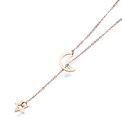 18K Gold Plated Stainless Steel Bee Honeycomb Pendant Necklace, Adjustable Y Lariat Conch/Guitar/Horseshoe Necklace for Women - color: Rose Gold, style: Moon Star