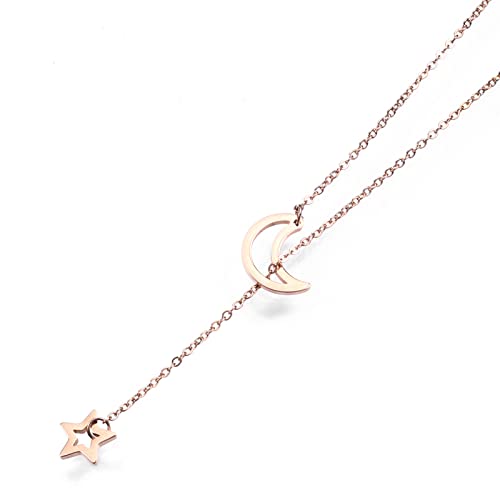 18K Gold Plated Stainless Steel Bee Honeycomb Pendant Necklace, Adjustable Y Lariat Conch/Guitar/Horseshoe Necklace for Women - color: Rose Gold, style: Moon Star