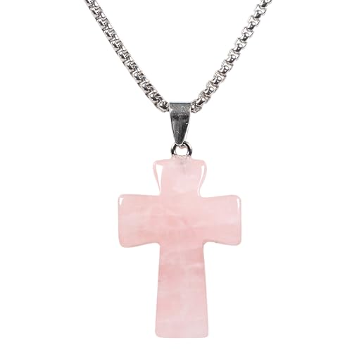 Justinstones 32mm Gemstone Carved Cross Reiki Chakra Pendant With Stainless Steel Necklace 22 Inch - color: Rose Quartz