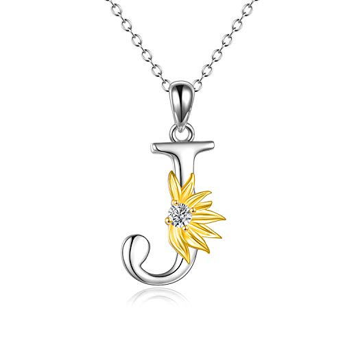 POPLYKE Initial Sunflower Necklace for Women 925 Sterling Sliver Sunflower Pendant Necklace Letter Initial Pendant Chain - style: Sunflower J