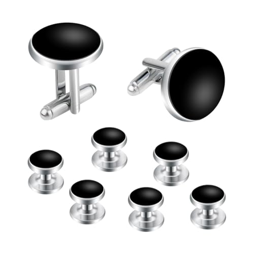 8 Pcs Tuxedo Buttons and Cufflinks Tuxedo Cufflinks and Studs Set Tuxedo Shirt Studs for Men Wedding Accessories Business Gift Tux Studs Classic Mens Cufflinks Shirts Cuff Links (Black & Silver)