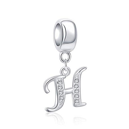 925 Sterling Silver Charms Alphabet Beads fit Pandora Charm Bracelets A-Z Letter Initial Spacer Dangle Clear CZ Stone Authentic for Snake Chain Bracelets - color: H