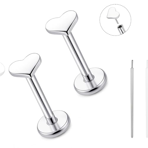 limerencia Titanium Threadless Flat Back Earrings Stud Piercing Jewelry | 20G Press Fit Titanium Push Pop in Cartilage Tragus Labret Lip Medusa Conch Piercing Jewelry Hypoallergenic for Women Men - style: Heart Silver