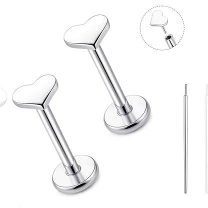 limerencia Titanium Threadless Flat Back Earrings Stud Piercing Jewelry | 20G Press Fit Titanium Push Pop in Cartilage Tragus Labret Lip Medusa Conch Piercing Jewelry Hypoallergenic for Women Men - style: Heart Silver