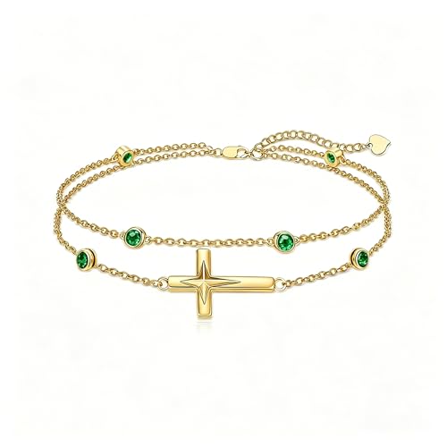 Midari 18K Yellow Gold Gemstone Birthstone Anklet Bracelet Cross Jewelry with 12 Months Birthstone Birthday Gifts for Women Wife Her Daughter Mom - color: 05-May-Emerald, size: Anklet 9"-11"