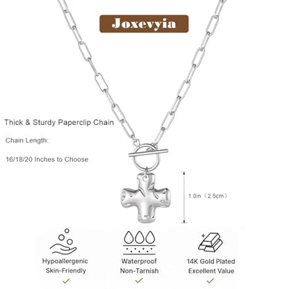 Joxevyia Gold Cross Necklace for Women Hammered Cross Pendant Toggle Clasp Paperclip Chain Statement Choker Bold Faith Jewelry Gift - color: silver cross necklace, size: 20 inches