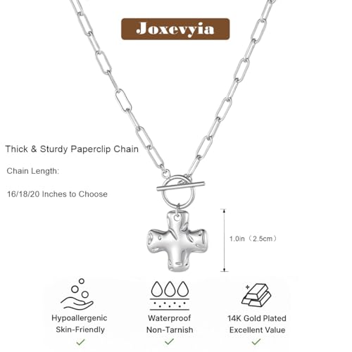 Joxevyia Gold Cross Necklace for Women Hammered Cross Pendant Toggle Clasp Paperclip Chain Statement Choker Bold Faith Jewelry Gift - color: silver cross necklace, size: 16 inches