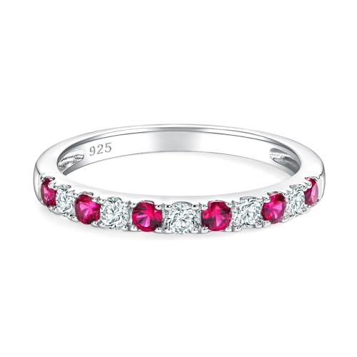 Bezel Set Birthstone Wedding Band 14K Gold Sterling Silver Stackable Half Eternity Band Rings 2.5mm Wide Ruby/Amethyst/Sapphire/Emerald Green/Aquamarine Ring for Women, Send Gift Box - style: 07-Created Ruby & CZ