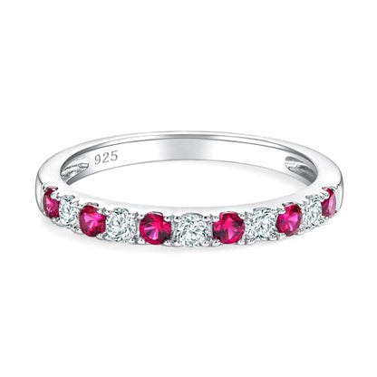 Bezel Set Birthstone Wedding Band 14K Gold Sterling Silver Stackable Half Eternity Band Rings 2.5mm Wide Ruby/Amethyst/Sapphire/Emerald Green/Aquamarine Ring for Women, Send Gift Box - style: 07-Created Ruby & CZ