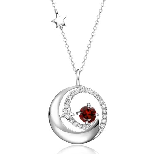FANCIME Birthstone Necklaces 925 Sterling Silver Moon and Star Pendant Fine Jewelry Birthday Mothers Day Gifts for Mom Wife Her Daughter, Adjustable Chain 16+2" - color: Jan.- Garnet