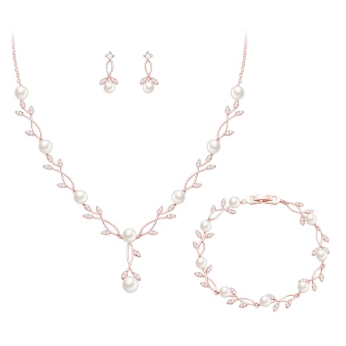 Crysdue Wedding Jewelry Set for Brides Bridesmaid, Cubic Zirconia Teardrop Marquise Leaf Cluster Pendant Necklace Bridal Tennis Bracelet Drop Earrings for Women Party Prom - style: B- Pearl set- rose gold