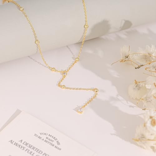 Long Gold Necklace For Women,Dainty Lariat Y Necklace 14K Gold Plated Cute Cubic Zirconia Lariat Necklaces Trendy Simple Statement Rhinestone Choker Necklaces Summer Jewelry - color: Gold-style 2
