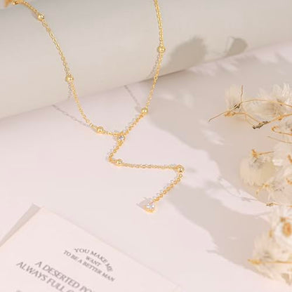 Long Gold Necklace For Women,Dainty Lariat Y Necklace 14K Gold Plated Cute Cubic Zirconia Lariat Necklaces Trendy Simple Statement Rhinestone Choker Necklaces Summer Jewelry - color: Gold-style 2