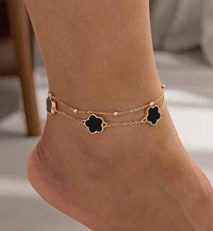 Gold-Tone Double Layer Clover Charm ankle Bracelet, black stone, Adjustable - color: black