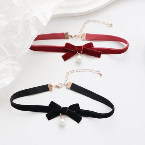 Bow Necklace for Women Dainty Velvet Ribbon Choker Necklaces Red Black Bow Choker Pearl Bell Heart Pendant Necklace Winter Holiday Necklace Cute Bow Knot Necklace for Christmas New Year Gifts - color: Black+pearl
