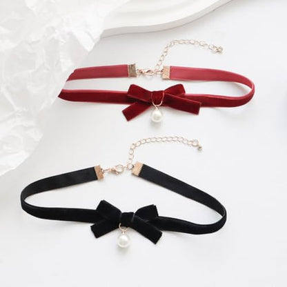 Bow Necklace for Women Dainty Velvet Ribbon Choker Necklaces Red Black Bow Choker Pearl Bell Heart Pendant Necklace Winter Holiday Necklace Cute Bow Knot Necklace for Christmas New Year Gifts - color: Black+pearl
