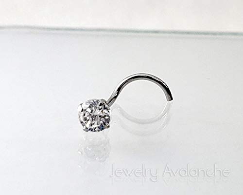 Jewelry Avalanche Solid 14Kt Gold Nose Screw, 24G Nose Hook, Nose Stud, 14kt Yellow Gold or 14kt White Gold Nose Ring Prong Set CZ Accent - style: 14kt white gold w/ 3mm cz