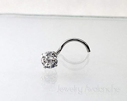 Jewelry Avalanche Solid 14Kt Gold Nose Screw, 24G Nose Hook, Nose Stud, 14kt Yellow Gold or 14kt White Gold Nose Ring Prong Set CZ Accent - style: 14kt white gold w/ 3mm cz