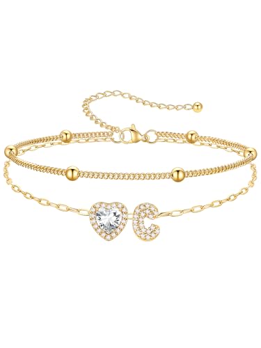 PROSTEEL Initial Ankle Bracelets for Women Waterproof, A-Z Gold/Silver Layered Anklets Adjustable, Summer Beach Gift Jewelry - color: Gold, size: C