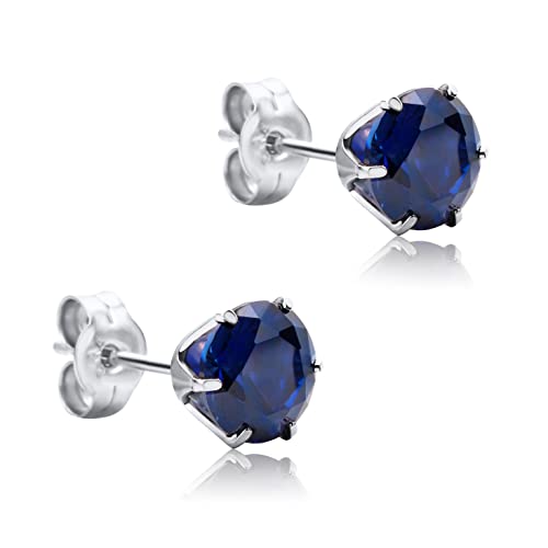 Orovi Round 14K Gold Earrings for Women in Solid 14K White Gold 585/14K Yellow Gold 585 with Ruby/Sapphire/Zirconia/Emerald Gemstones, Stud Earrings For Women,Women's Jewelry Delivered in Jewelry Box - color: 14K White Gold/ Sapphire