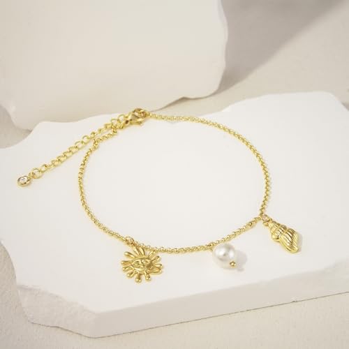 NIXMAX Gold Anklets for Women, Waterproof Chain Trendy Ankle Bracelets | Non Tarnish, Adjustable Fit, 14K Gold Plated, Dainty Layered Looks, Summer Beach Vacation Body Jewelry, Gifts for Women - color: Gold-pearl/shell/sun