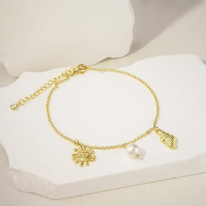 NIXMAX Gold Anklets for Women, Waterproof Chain Trendy Ankle Bracelets | Non Tarnish, Adjustable Fit, 14K Gold Plated, Dainty Layered Looks, Summer Beach Vacation Body Jewelry, Gifts for Women - color: Gold-pearl/shell/sun