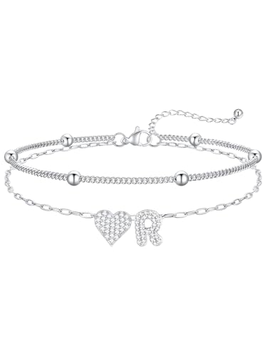 FaithHeart Initial Ankle Bracelets for Women Waterproof, Silver/Black/14k Gold Plated CZ Heart Initial Anklets Non Tarnish Stainless Steel Anklets for Women - color: Silver, size: R