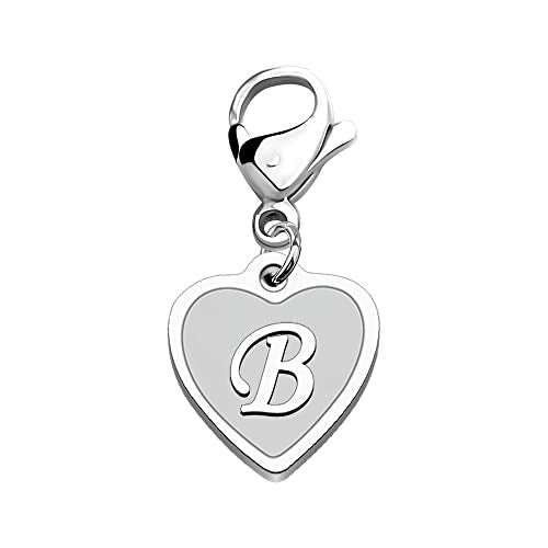 FAADBUK Initial Letter A-Z Alphabet Heart Charms for Jewelry Bracelet Keychain Necklace Initial Stainless steel Clasp Clip on Charm - color: intial B