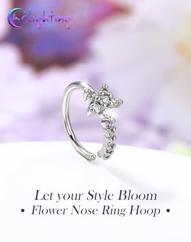 Melighting 20G Butterfly Nose Ring Hoop 8 mm Open Seamless Nose Piercing Jewelry Surgical Steel 316L, Twist Nostril Ring with Marquise and Round CZ, Silver Flower Body Piercing for Women - style: Flower