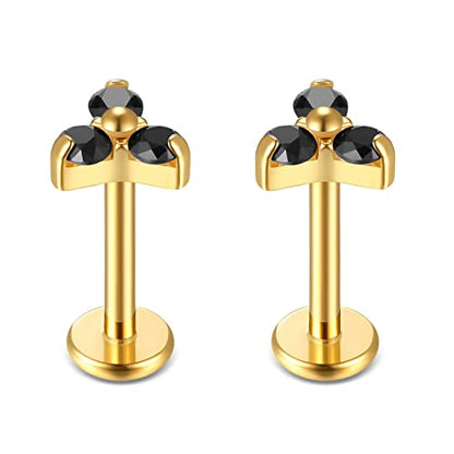 BelezaDosas G23 Titanium Labret Studs 16G Threadless Push-in Press Fit Lip Cluster Tragus Helix Lobe Conch Rook Medusa Cartilage Monroe Earring Push Back Piercing Jewelry - color: 16g8mm tri gd bk
