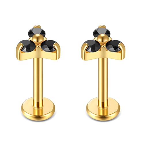 BelezaDosas G23 Titanium Labret Studs 16G Threadless Push-in Press Fit Lip Cluster Tragus Helix Lobe Conch Rook Medusa Cartilage Monroe Earring Push Back Piercing Jewelry - color: 16g8mm tri gd bk