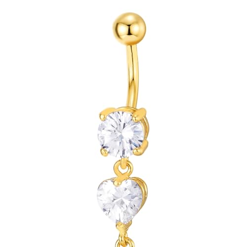 COOLSTEELANDBEYOND Steel Belly Chain Belly Button Ring Body Jewelry Piercing Navel Ring with Long Dangle Cubic Zirconia - color: B-Metal Color: Gold