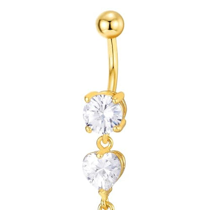 COOLSTEELANDBEYOND Steel Belly Chain Belly Button Ring Body Jewelry Piercing Navel Ring with Long Dangle Cubic Zirconia - color: B-Metal Color: Gold