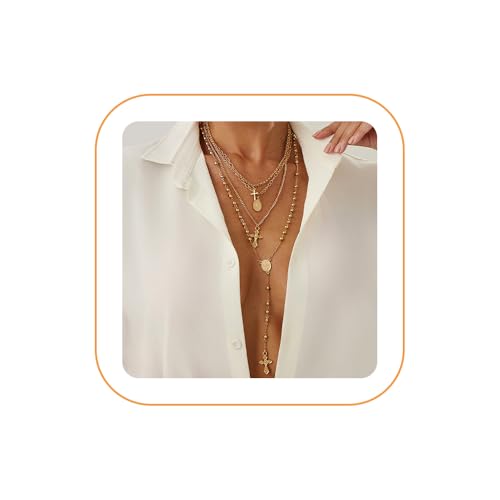 Layered Cross Necklace Set for Women, Layered Choker Necklaces Trendy Jewelry, Colorful Enamel Beaded Y-Shaped Lariat Necklace, Boho Multilayer Cross Necklace for Party and Daily Wear - color: Gold-05