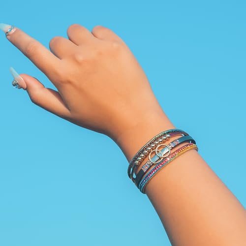 Chunky Boho Leather Wrap Bracelets Cowgirl Beaded Circle Western Jewelry | Stackable Infinity Layered Bohemian Magnetic Clasp Cuff Statement Fashion Colorful Country Hippie Outfits for Women Trendy - color: Rainbow