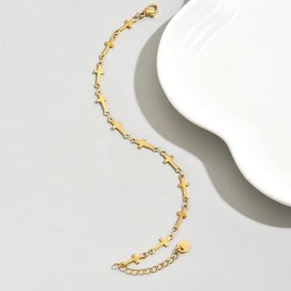 18K Gold Plated Pearl Beaded Cross Bracelets for Women Adjustable Stainless Steel Dainty Thin Gold Box Cuban Twisted Link Chain Bracelet Bridesmaid Jewelry Gifts - color: Multi Cross-Gold