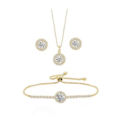 Bridesmaid Bride Wedding Jewelry Set - Round Cubic Zirconia | Earrings Necklace Bracelet Set, Hypoallergenic Prom Party Jewelry Gift for Her - color: Gold