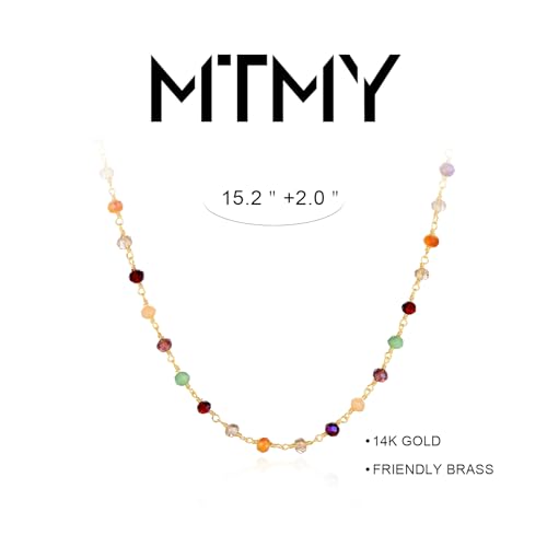 MTMY Beaded Necklaces for Women 14K Gold Plated Dainty Colorful Green/Rose Beaded Pearl Choker Necklace Delicate Boho Choker Necklace Jewelry Gift - style: Mixed color beads