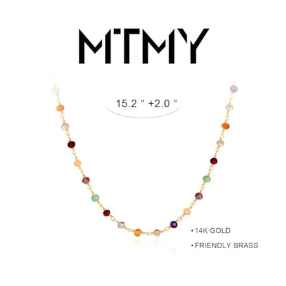 MTMY Beaded Necklaces for Women 14K Gold Plated Dainty Colorful Green/Rose Beaded Pearl Choker Necklace Delicate Boho Choker Necklace Jewelry Gift - style: Mixed color beads